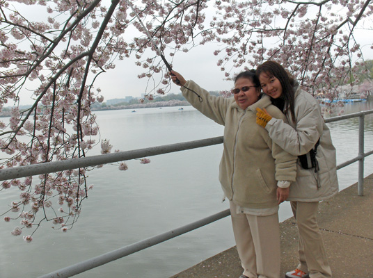 Nanta is standing with a railing to her right, water on the other side of the railing, and a cherry blossom arching over her toward the water.  Ann is hugging her from behind, and Nanta is reaching her cane up to touch the cherry tree branch.